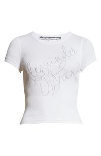 "Find ALEXANDER WANG Ombré Hotfix Cursive Logo Rib T-shirt on Editorialist. 'Alexander Wang' in crystal-inscribed cursive looks like expertly done skywriting across the front of the fitted T-shirt dyed the ombré grey of ominous skies. 20\" length (size Medium) Crewneck Short sleeves 100% cotton Dry clean Imported Designer Clothing"