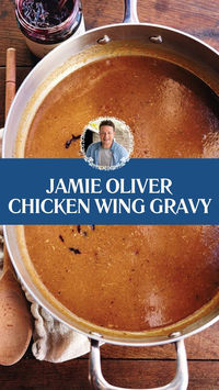 This easy and flavorful chicken wing gravy by Jamie Oliver is perfect for any roast or holiday meal. Rich and savory, it’s made with simple ingredients like chicken wings, fresh herbs, and smoky bacon, creating a delicious, hearty gravy. You can also add a splash of sherry or port for extra depth!