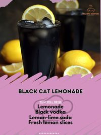 In a shaker, mix lemonade and black vodka. Pour over ice in a glass and top with lemon-lime soda. Garnish with lemon slices. Enjoy the bold flavors of this bewitching twist on classic lemonade for parties or spooky nights in! #HalloweenDrinks #LemonTwist #SipSipHooray