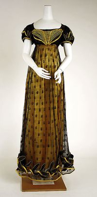 Evening dress, silk net embroidered with silk and trimmed with satin over silk satin, c. 1818, British.