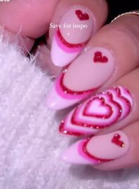 y2k nails, nail design, girly nails, heart pink nails, glitter, valentines nails, power puff girls, heart nails, french tip, acrylic nails