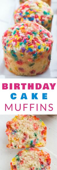 Fluffy BIRTHDAY CAKE Muffins with sprinkles that taste just like cake! This easy recipe is perfect for kids birthday parties, breakfast or dessert. These muffins are SO pretty and delicious - everyone loves them!