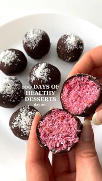 15min · 8 servings     4-ingredient Chocolate Raspberry Bites💗 They are vegan & gluten-free! The combination of raspberries, coconut and chocolate is so delicious😋   This makes about 8 servings:  Ingredients:  • 1 cup frozen raspberries (125 g)  • 3/4 cup shredded coconut (180 ml)  • 1-2 tablespoons maple syrup (or honey if you don’t have IBS)  Topping:  • 100 g / 3.5 oz. 80% dark chocolate  • optional: 1 teaspoon coconut oil  Instructions:  • 1. Put the raspberries, shredded coconut and maple syrup into a blender or food processor and mix until combined  • 2. Roll into balls (try to be quick, since the raspberries melt fast)  • 3. Place on a plate lined with parchment paper  • 4. Let firm up in the freezer for about 30 minutes  • 5. Melt the chocolate in the microwave (with the coconut