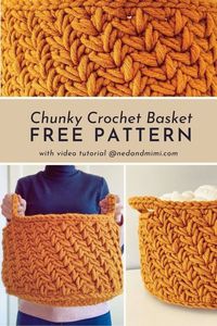 Start your next crochet project with this Chunky Crochet Basket! This quick project includes a free pattern and video tutorial, making this perfect for beginners. The basket feature a beautiful texture created by the diagonal chevron stitch pattern. It is crocheted with super bulky #6 stash yarn but if you're short on stash, don't worry – as there's a list of alternative yarns to choose from.