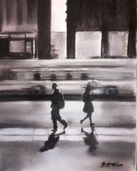 This is an original signed wet charcoal and pastel piece by myself titled, 'Never do they meet'. Done completely by hand in my own unique style of combining wet charcoal and pastels to create this scene of two people passing, walking in different directions.  The story is, these two people pass each other every day, taking the same route at the same time and never notice each other. This piece looks great set within a white mount with either a black or white frame.  The size of this signed unframed original piece is A3 so measures 297mm by 420mm.  Thank you for viewing my art.