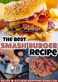 With thin patties topped with caramelized onions, bacon, and cheddar this, this Smash Burger recipe never disappoints. The patties are tender and juicy on the inside and cook in just a few minutes. #burgerrecipe #bestburgerrecipe