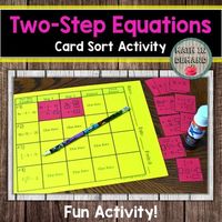 This activity has 12 cards on solving two-step equations. Students will need to glue the cards according to the next step in solving the two-step equations. This is a great activity that has students thinking about the next step in solving a problem. The last column is for students to check their an...