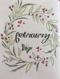 February bullet journal month title page with wreath and butterfly by Stacy Anderson.