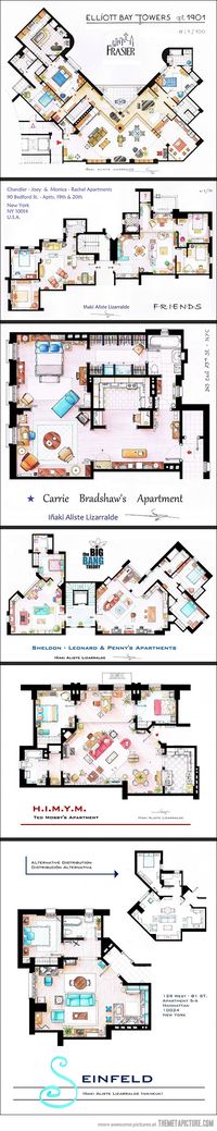 Floor plans from TV series: Seinfeld, HIMYM, The Big Bang Theory, F.R.I.E.N.D.S. Sex and the City, Frasier