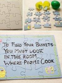 Cool idea! Turn the focus from candy to cleverness and co-operation with this Easter egg jigsaw puzzle game. On the pieces of a jigsaw puzzle, write a riddle that will lead your kids to their Easter present. Then sit back and let your kids have fun putting the puzzle together and figuring the riddle out.