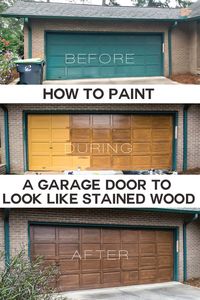 Don't settle on paint when you would love a stained wood finish on a door or trim. Follow this tutorial showing the easy and steps to take to paint a previously painted or steel garage door to look like stained woodgrain using latex paint and primer. #garagedoor #paint #fauxpaintideas #woodgrain #fixerupper #exteriormakeovers #DIYhomeimprovement via @inmyownstyle