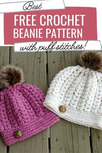 The puff stitch crochet beanie hat pattern comes in sizes baby, toddler, kids, and women. This quick and easy pattern will look great on any girl. This textured hat features a knit-look brim and a pom pom to complete the look. #crochethat, #crochetbeanie, #crochet, #crochetpuffstitch, #crochetbabyhat, #crochetadulthat