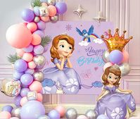 This cute Princess Sofia balloon kit/garland would be the highlight of any birthday decoration. The set includes Princess Sofia Mylar, assorted latex balloons, Star foil baloons, Princess sofia Birthday poster, balloon strip and glue. Easy DIY for a birthday decoration.