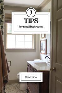 Fun fact: We’ve never had a large bathroom, so between shuffling by each other to brush our teeth at night and keeping all my makeup in a travel bag for easy storage, I’ll take all the tips on how to make a small bathroom look bigger that I can get.  Between hanging your shower curtain a certain way and playing some mind tricks on yourself with window treatments, here are the tips we’ve learned to make do with little house living.