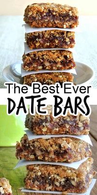 Best Date Bars Ever are two layers of a delectable oatmeal crust, filled with a sweet date mixture - baked to vanilla/almond scented treat.