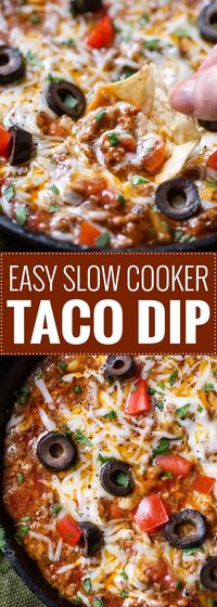 Ultimate Slow Cooker Taco Dip | This taco dip is party and game-day ready, and needs only 10 minutes of prep before going in your slow cooker! Great taco flavors, and you can easily swap out the beef for ground turkey to lighten it up! | The Chunky Chef | #tacodip #gamedayrecipes #partyfood #easyappetizer #appetizerrecipes