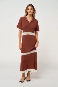 Elevate your style with the Grazia Knit Midi Tee Dress – a rust brown dress with cream stripe panels, textured crochet-look knit, and a gold metal exposed zipper for breastfeeding access. Discover comfort and sophistication with a relaxed fit, ribbed mock neckline, and short sleeves.