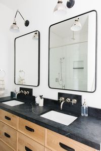 Modern Cabin bathroom Dark Marble Oak Vanity - Studio McGee Design