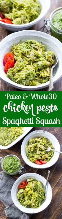 Perfectly cooked spaghetti squash is tossed with a flavor-packed Paleo & Whole30 pesto and seasoned chicken for a healthy filling meal even squash haters will love! This Paleo spaghetti squash dinner makes great leftovers too! Whole30, dairy free and low carb.