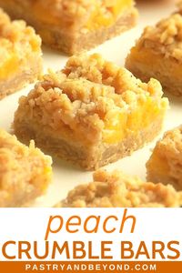 Peach Crumble Bars-These peach bars are crunchy, soft and slightly chewy. You'll need the same dough for the crust and the crumble topping to make these delicious peach oatmeal bars. Recipe with step-by-step photos on pastryandbeyond.com