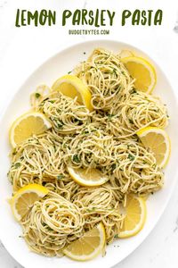 Lemon Parsley Pasta is bright, garlicky, and full of rich Parmesan flavor. It makes a great side dish or bed for chicken or fish. BudgetBytes.com