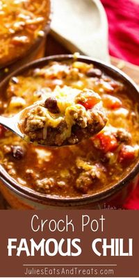 Crock Pot Famous Chili ~ Amazing chili to warm up to on a cold winter’s day made in your slow cooker! #comfortfood Visit julieseatsandtreats.com for more easy, family, friendly recipes and stress-free dinner time! #familydinner @julieseats