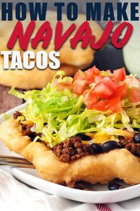 Navajo tacos! My frybread recipe only needs 2 ingredients and comes together quick and easy. The tacos are loaded with saucy taco meat and all your favorite taco toppings!