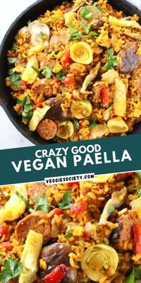 The best vegan Paella recipe with mushrooms, artichokes, roasted peppers, plant based sausage and brown rice cooked in a flavorful Spanish saffron and white wine broth.