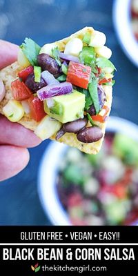 How to make black bean and corn salsa with avocado. Enjoy as a healthy snack or party food for any occasion! #vegan #glutenfree #blackbeansalsa #avocado #salsa #appetizer #gamedayrecipe #blackbeansalsa