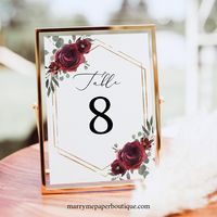 This Table Number template is an editable, easy-to-personalize, elegant burgundy floral design. Personalize your template in Templett, an easy to use template editor that works in your web browser. There's even a free demo to try!  ------------------------------------------------------------- DEMO LINK - TRY BEFORE PURCHASE - FREE! ------------------------------------------------------------- Try it right now! Just copy and paste this demo link into your web browser: https://templett.com/design/