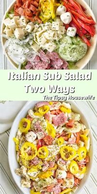 Italian Sub Salad. This salad can be made two ways. A tortellini pasta salad and a variation for keto and low carb recipe seekers. Perfect for parties and lunch ideas.