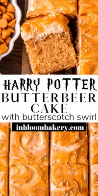 This Harry Potter butterbeer cake will transport you right into the wizarding world of Harry Potter! It's a soft and fluffy cake flavored with a butterbeer reduction, butterscotch, vanilla and butter flavor, frosted with butterscotch buttercream and drizzled with butterscotch sauce.