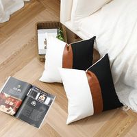 Faux Leather Accent Cotton Patchwork Throw Pillow Cover 45x45 inch, Modern Country Farmhouse Style Pillowcase for Bedroom Living Room Sofa Brown Pillows