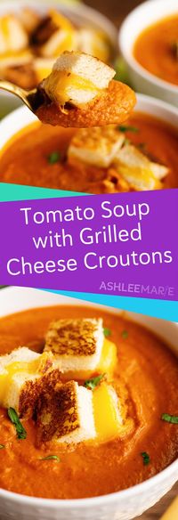 Nothing is better during any season than homemade tomato soup; it's fast, easy, creamy, and delicious warm or cold. Packed with flavor, this how-to tomato basil soup recipe is made even better with the addition of grilled cheese croutons.  #tomatobasilsoup #creamytomatosoup #grilledcheesecrutons #souprecipes