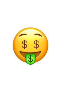 The 🤑 Money-Mouth Face emoji depicts a yellow face with a wide open mouth, showing a row of white teeth and a pink tongue. The eyes are closed and the eyebrows are raised in a happy expression. The face is wearing a pair of black sunglasses and a green dollar sign is seen on the tongue, indicating that the face is greedy for money.