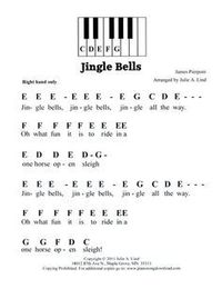 Jingle Bells, easy pre-staff music with letters for beginning piano lessons.