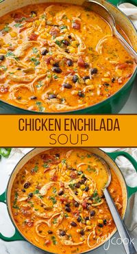 This EASY Chicken Enchilada Soup recipe can be made on the stove top or in the Crock Pot! Use chicken breast, chicken thighs, or leftover chicken along with simple pantry ingredients.