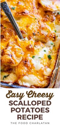 This Cheesy Scalloped Potatoes recipe is my new favorite holiday side dish! Thinly sliced russet potatoes are layered with cheddar cheese and the BEST creamy, flavorful sauce. It all bakes together into this magical, melt-in-your-mouth experience, with an ultra crispy cheddar cheese topping! You can even make this scalloped potato recipe ahead of time.