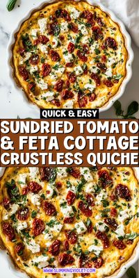 Sundried tomato and feta add a Mediterranean flair to this cottage cheese crustless quiche. Easy to make and full of bold flavors, it's a high-protein meal option that's perfect for any time. Save this pin and check out the recipe for a tasty twist!