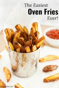 This homemade oven fries recipe is so easy and delicious! They are baked which makes them reasonably healthy and they're seasoned to perfection. Click the photo to get the recipe, they'll be a hit with the whole family!