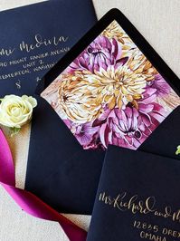 Personalize your special event with these floral purple and cream envelope liners perfect for a rustic wedding that will set the tone and really wow your guests! Envelope liners are a great way to tie your wedding invitation suite together! Paired with black envelopes with gold modern calligraphy addressing.