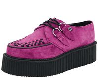 Raspberry suede mondo sole creepers from T.U.K. with black interlace and piping on the uppers, silver metal d-rings and 1 7/8 inch sole. Smart and sophisticated. Raspberry suede Mondo sole Creepers Black interlace T.U.K. TUK Creepers run true to US size.