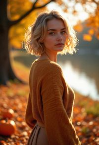 Fall portrait of a girl with a sweater. #fall #autumn #falloutfit #goldenhair #brownskirt