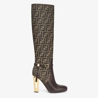 Round-toe Delfina boots. Side zip fastening on the inside. Made of brown leather. Finished with jacquard FF fabric leg. Heel with cut-out detail and gold-coloured metal FF motif. Made in Italy. Size 37_5