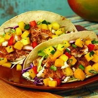 Baja fish tacos with mango salsa