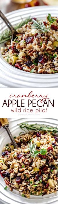 Easy one pot Cranberry Apple Pecan Wild Rice Pilaf simmered in herb seasoned chicken broth and apple juice and riddled with sweet dried cranberries, apples and roasted pecans for an unbelievable savory sweet side dish perfect for the holidays. Everyone always asks for this recipe!