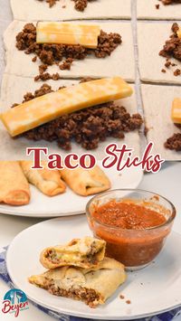 Taco sticks are made by wrapping taco meat and a colby-jack cheese stick in pizza dough then baking for 10 minutes for an easy weeknight meal recipe.