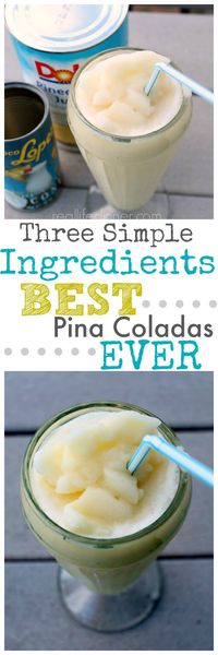 Happiness in a glass. These Pina Coladas {non-alcoholic} have three simple ingredients and every time I make them people practically kiss my feet, beg for seconds and ask for the recipe. So good! ~ https://reallifedinner.com