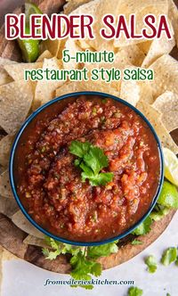 This easy Blender Salsa recipe creates the most delicious restaurant style salsa in about 5 minutes. You can make this salsa at home any time of year with a short list of easy to stock ingredients.