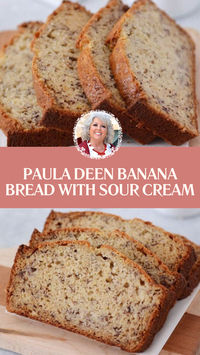 Paula Deen’s Banana Bread with Sour Cream is made with granulated sugar, oil, eggs, ripe bananas, sour cream, vanilla extract, all-purpose flour, baking soda, and salt. This easy banana bread recipe creates a delicious dessert that takes about 1 hour and 20 minutes to prepare and can serve up to 8 people.